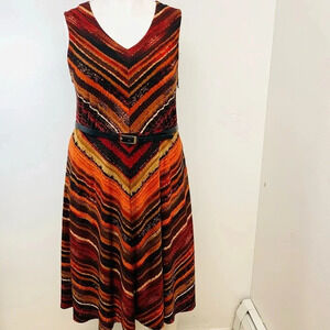 Dress Barn Midi Dress 16  Sleeveless Fit Flare Belt Colorful Stretch Knit Career